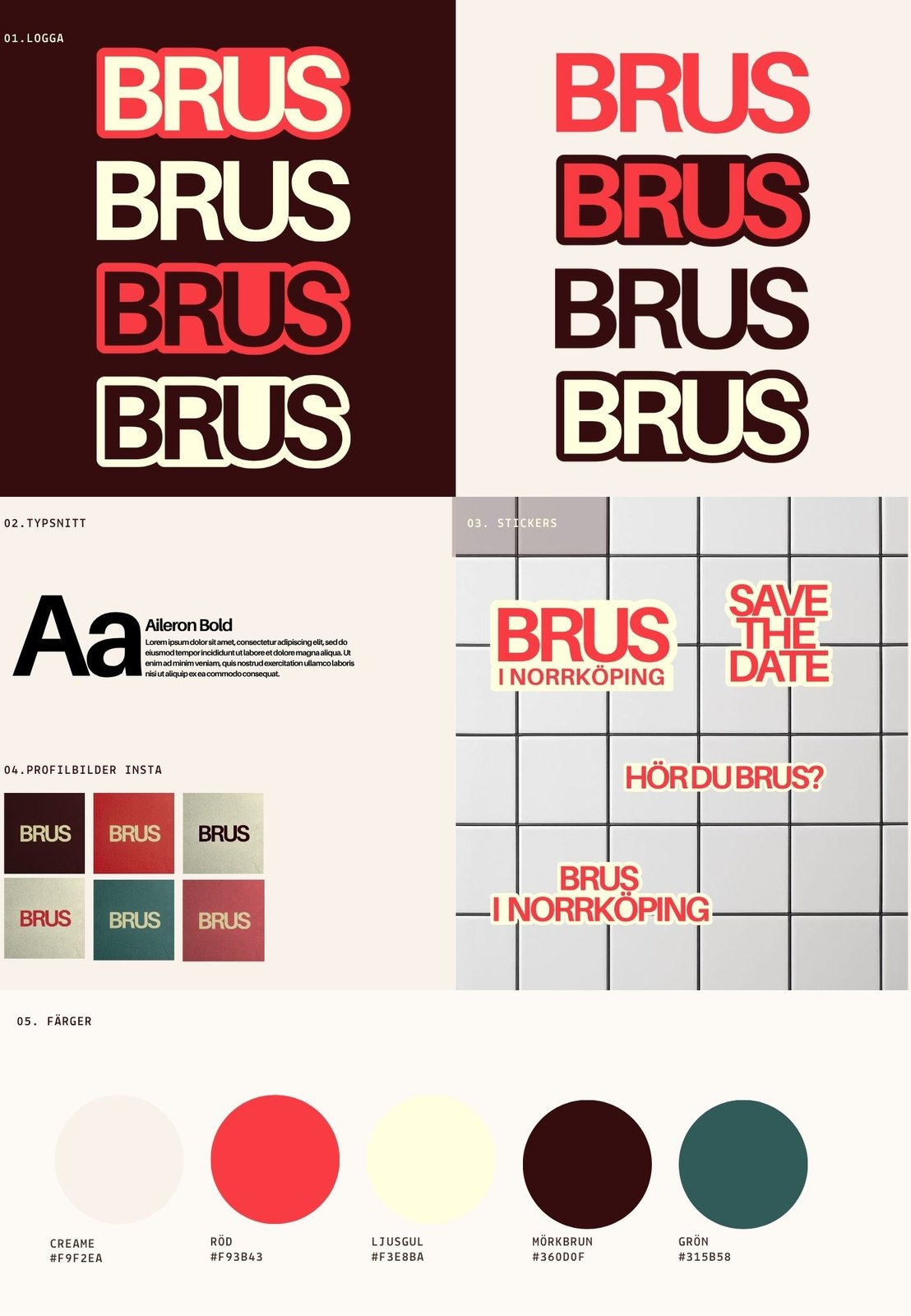 Grafisk profil för BRUS med logotyp, typsnitt, stickers och färgskala